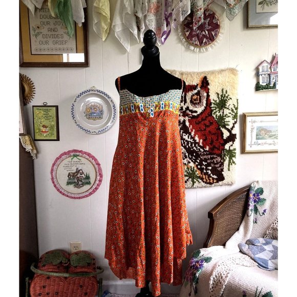 retro Indonesian Sarawat boho low back asymmetrical hem flowy midi dress‎ - Picture 1 of 5